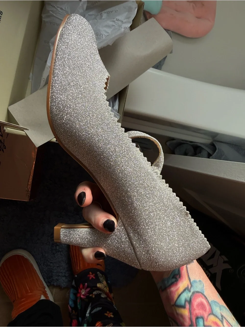 Sparkling Silver Mary Jane Flat with Buckle Strap - Women's Heels